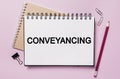 Text Conveyancing on a white notepad with office stationery background. Flat lay on business, finance and development concept