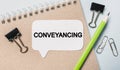 Text Conveyancing on a white sticker with office stationery background. Flat lay on business, finance and development concept