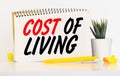 Text cost of living on the graph goes down on the short note texture background