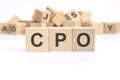 text CPO - Cost Per Order - is written on three wooden cubes standing on a white table. in the background - a mountain Royalty Free Stock Photo