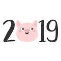 2019 text. Cute pig face head. Pink piggy piglet. Happy New Year Chinise symbol. Cartoon funny kawaii smiling baby character. Flat Royalty Free Stock Photo