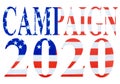 Text cutout of the red, white and blue flag of the United States of America referencing the 2020 campaign for president.