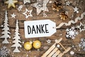 Text Danke, means Thanks, Rustic Wooden, Golden Christmas Decor Royalty Free Stock Photo