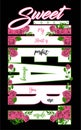 Text design and effect pattern with roses. For textile, ready for printing