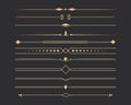 Text devider set, gold line minimal separators, elegant doodlle borders, decorative elements isolated on dark background