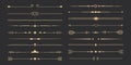 Text devider set, gold line minimal separators, elegant doodlle borders, decorative elements isolated on dark background