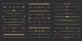 Text devider set, gold line minimal separators, elegant doodlle borders, decorative elements isolated on dark background