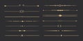 Text devider set, gold line minimal separators, elegant doodlle borders, decorative elements isolated on dark background