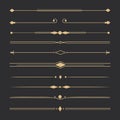 Text devider set, gold line minimal separators, elegant doodlle borders, decorative elements isolated on dark background