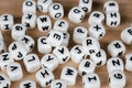 Text dice cube concept / Letter dices alphabet on wooden background. Block of alphabet studded on the floor