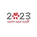 2023 text with doodle bone and paw print. Happy new year and Merry Christmas greeting card