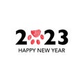 2023 text with doodle red paw print. Happy new year and Merry Christmas greeting card