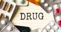 Text DRUG on a white background. Nearby are various medicines. Medical concept