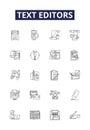 Text editors line vector icons and signs. Text, Writing, Word, Document, Code, Process, Software, Compose outline vector