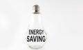 Text ENERGY SAVING on the bulb on the white background. Business concept Royalty Free Stock Photo