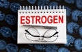 Text ESTROGEN on a mri background. Nearby are various medicines. Medical concept