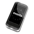 Text Events. Holiday concept . Smartphone with business web icon set on screen . Isolated on white Royalty Free Stock Photo