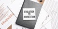Text Evolution to Revolution on notepad with office tools, pen on financial report . Business and financial conzept. calculator Royalty Free Stock Photo
