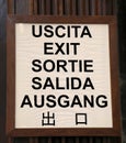 text EXIT in many languages Italian English French Spanish Germa