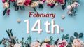 Text February 14 decorated with flowers