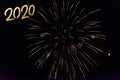 2020 Text with Festive Gold Fireworks Collage in Night Sky. Copy space. Greeting card Royalty Free Stock Photo