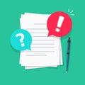 Text file or document comments and remarks vector illustration, flat cartoon warning or caution alert messages on paper