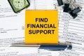 Text Find Financial Support on note paper with pen, compass and paper clips Royalty Free Stock Photo