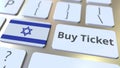 BUY TICKET text and flag of Israel on the buttons on the computer keyboard. Travel related conceptual 3D rendering