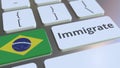 IMMIGRATE text and flag of Brazil on the buttons on the computer keyboard. Conceptual 3D rendering
