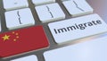 IMMIGRATE text and flag of China on the buttons on the computer keyboard. Conceptual 3D rendering