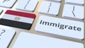 IMMIGRATE text and flag of Egypt on the buttons on the computer keyboard. Conceptual 3D rendering