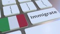 IMMIGRATE text and flag of Italy on the buttons on the computer keyboard. Conceptual 3D rendering
