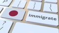 IMMIGRATE text and flag of Japan on the buttons on the computer keyboard. Conceptual 3D rendering