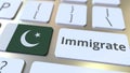 IMMIGRATE text and flag of Pakistan on the buttons on the computer keyboard. Conceptual 3D rendering