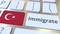 IMMIGRATE text and flag of Turkey on the buttons on the computer keyboard. Conceptual 3D rendering