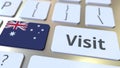 VISIT text and flag of Australia on the buttons on the computer keyboard. Conceptual 3D rendering