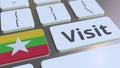 VISIT text and flag of Myanmar on the buttons on the computer keyboard. Conceptual 3D rendering