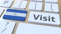 VISIT text and flag of Nicaragua on the buttons on the computer keyboard. Conceptual 3D rendering