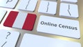 Online Census text and flag of Peru on the keyboard. Conceptual 3D rendering