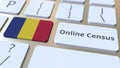 Online Census text and flag of Romania on the keyboard. Conceptual 3D rendering