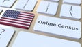 Online Census text and flag of the USA on the keyboard. Conceptual 3D rendering