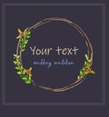 Text frame, Blue background color, watercolor wreath thin elegant with leaves and red berries. Cozy autumn style