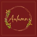 Text frame, Red background color, watercolor wreath thin elegant with leaves and red berries. Cozy autumn. Lettering