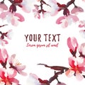 Text frame. Pink watercolor almond flowers.