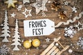 Text Frohes Fest, Means Happy Holidays, Rustic Wooden, Golden Christmas Decor Royalty Free Stock Photo