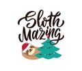 The text and funny sloth with tree for Christmas designs