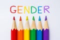 Text Gender. Rainbow colored pencil on white background. Symbol LGBT. Pride Month. Lesbian Gay Bisexual Transgender