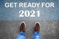 Text Get Ready For 2021 on asphalt in front of man, top view Royalty Free Stock Photo