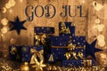 Text God Jul, Means Merry Christmas, Blue Christmas Gifts, Wooden Winter Decor Royalty Free Stock Photo