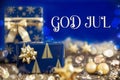 Text God Jul, Means Merry Christmas, Golden And Blue Christmas Decoration